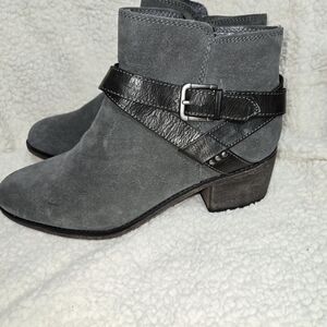 Gray Suede Ankle Boots with Black Strap
